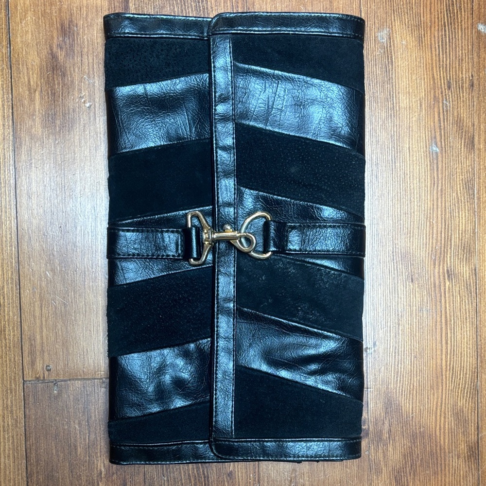 Black Leather & Suede Clutch with Gold Horsebit Accent vintage